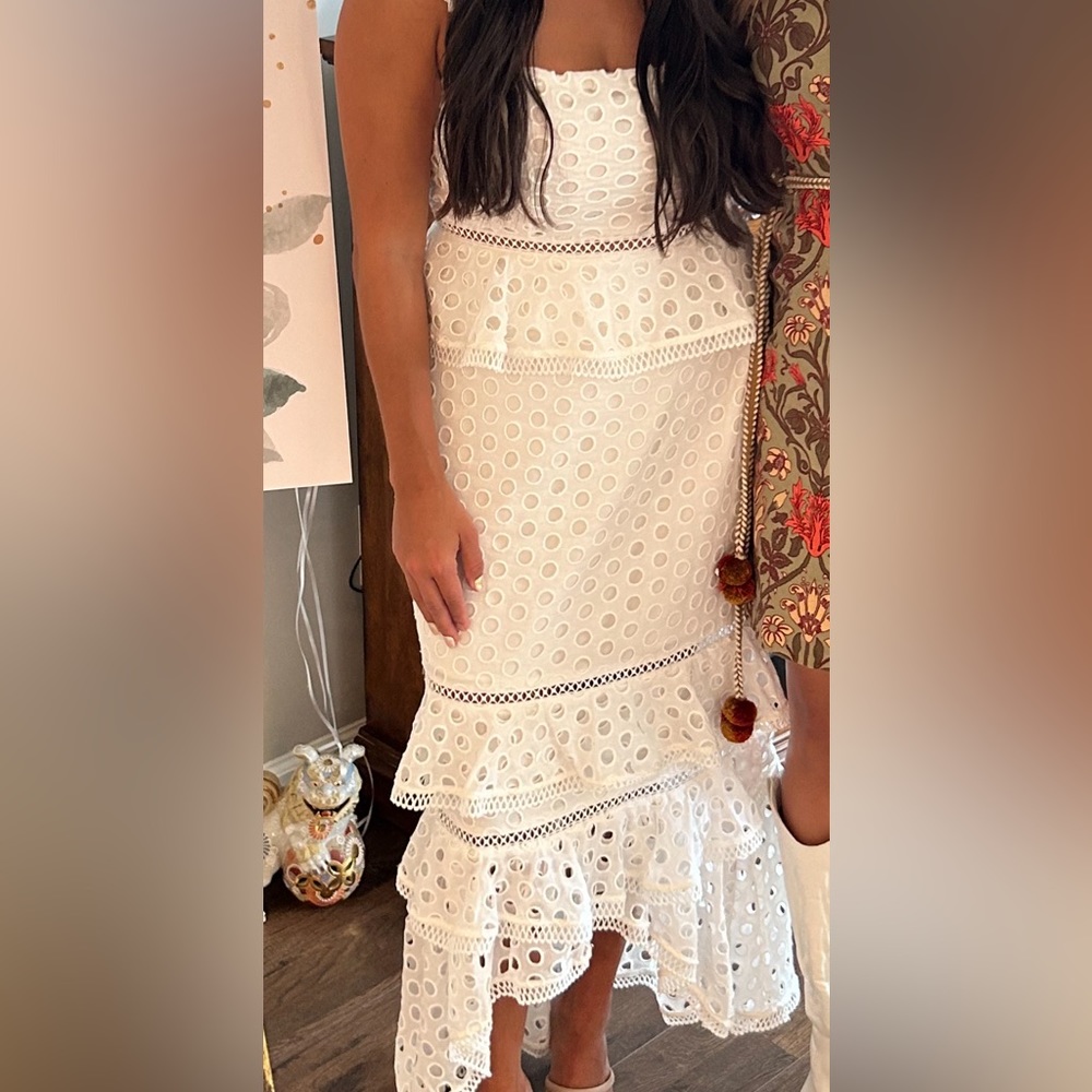 High low eyelet white midi dress